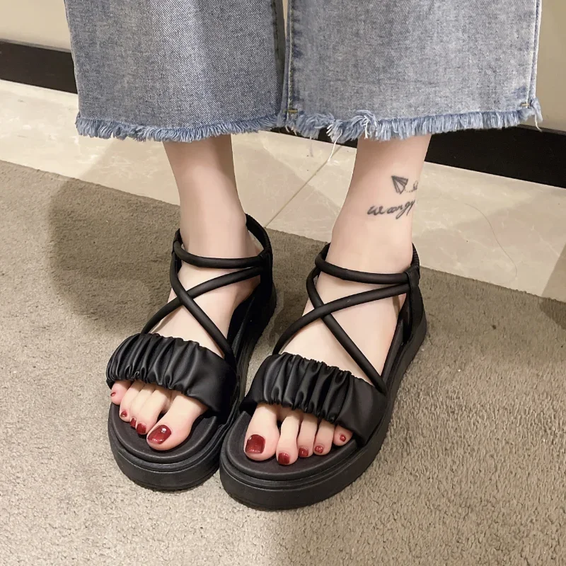 Roman Solid Color Sandals Women Summer New Muffin Thick Bottom Versatile Cross Thin Belt Net Red Beach Casual Shoes Children2023