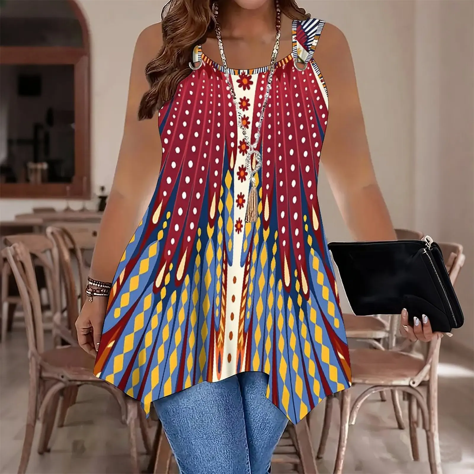 Ladies' Slim Printed Sleeveless T-shirt Retro Round Neckbeach Vacation Fashionable Tops