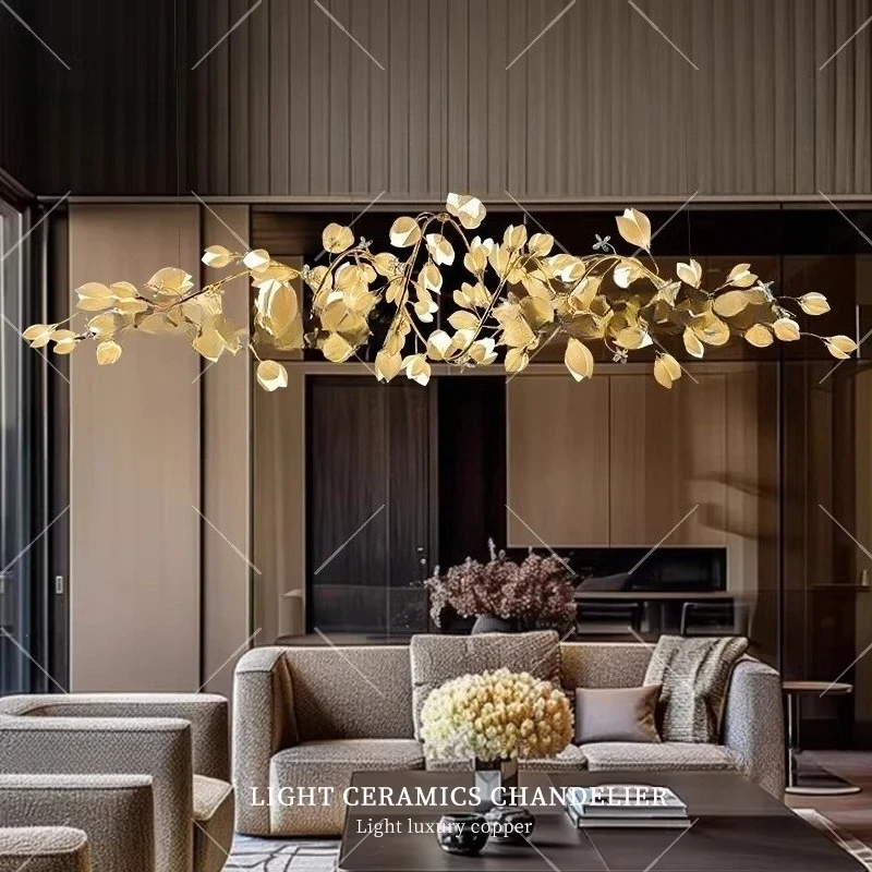 

Modern simple ceramic magnolia restaurant all copper chandelier villa sales office designer living room long petal chandelier