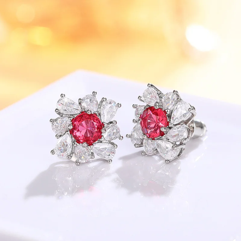 2024 New High End Light Luxury Earrings Pigeon Blood Red Diamond Set with Pear Shaped Water Drop Flower Jewelry Headpiece