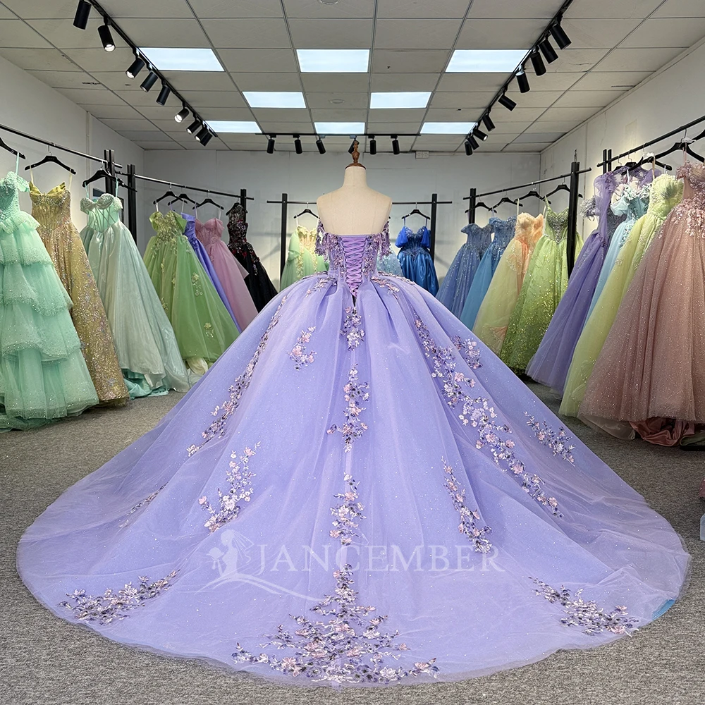 Shiny Princess Quinceanera Dresses Off Shoulder Customized Beading Crystal Corset Tull Sweet 16 Dress Ball Gown Vestidos 15 Anos