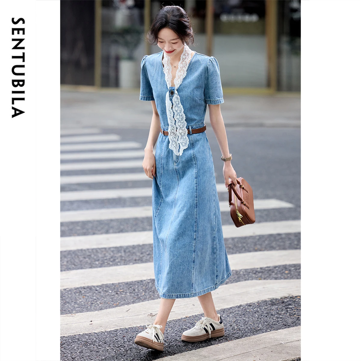 

SENTUBILA Denim Long Dress Lace Ribbon Collar 2025 Summer Causal Women's Belt A-line V-neck Puff Sleeve Ladies Dresses W52LH0098