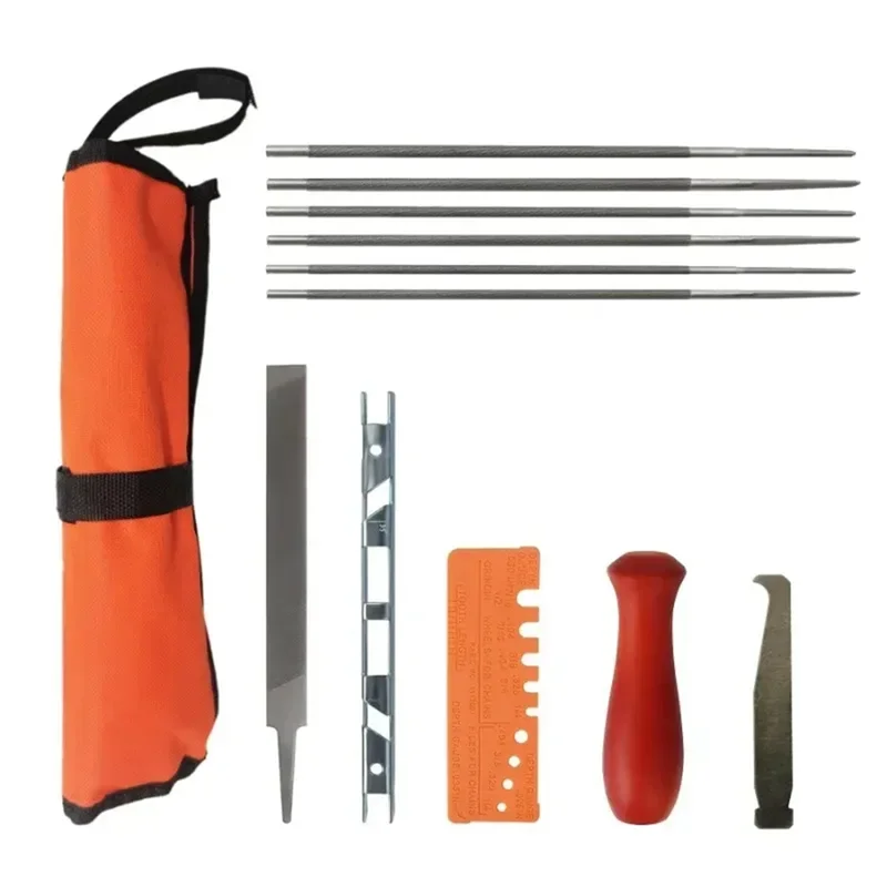 AT19-13Pcs Professional Chainsaw Chain Sharpening Kit Tool Hardwood Handle Round/Flat File Guide Bar File Sharpener