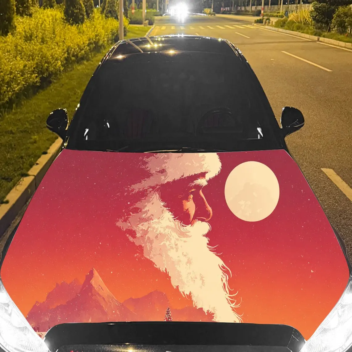 

Cheerful Santa Claus and Moon Car Hood Sticker, Waterproof Self-adhesive Vehicle Vinyl Wraps Decal, Trendy Auto Exterior Decorat