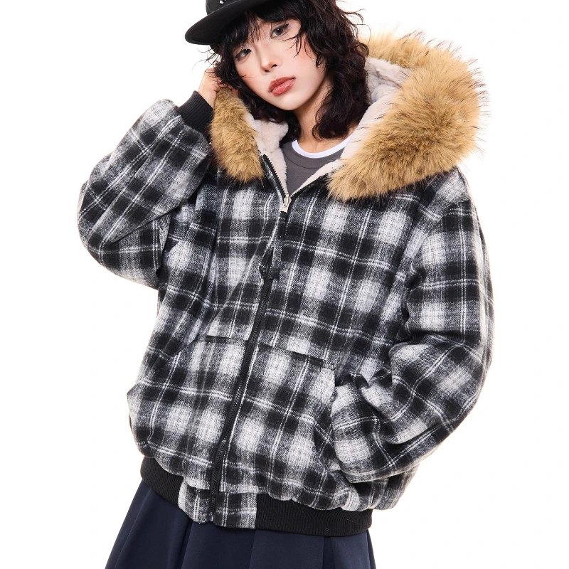 American Retro Fur Collar Hooded Red Plaid Women's Coats 2025 Winter New Sweet Cool Couple Thickened Warm Cotton Jackets Ladies