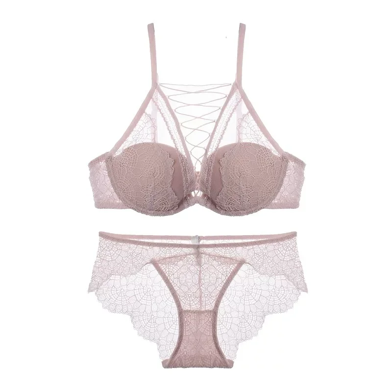 Französisches, sinnliches Dessous-Set, weicher Bügel-BH mit Push-up-Effekt für kleine Brüste, tiefes Dekolleté, Schnürung, Cut-Out-Design, reiner Look, CA MOYISU 32-38 AB