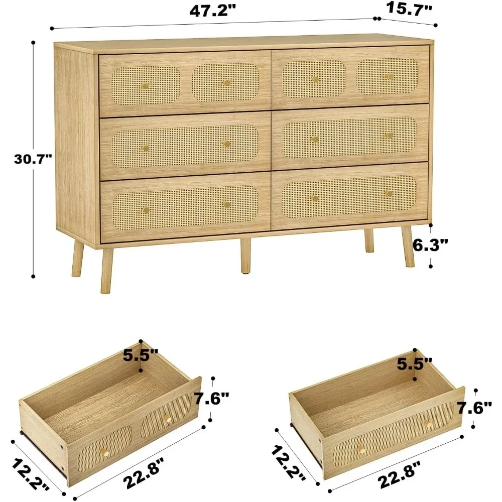 Rattan Dresser for Bedroom, Modern 6 Drawer Double Dresser with Gold Handles, Natural Wood Storage Dressers & Chests of Drawers