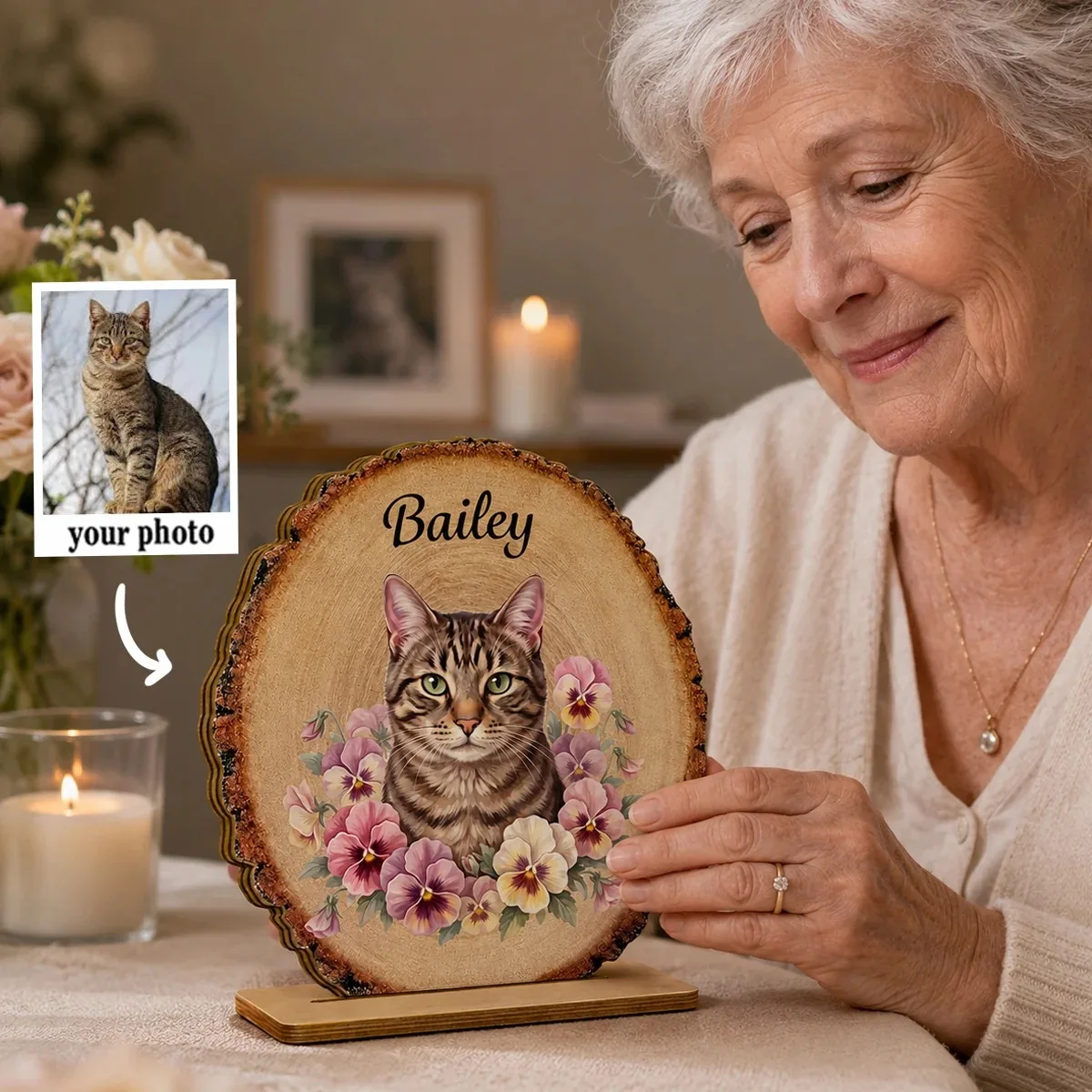 Custom Pet Portrait Memorial Plaque 2 Layer Wooden Personalized with Pet Name Roses Floral Sympathy Gift for Pet Lovers