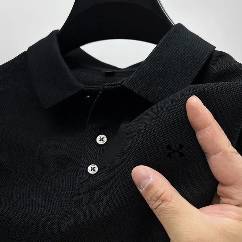 2024 New Fashion Summer Men's Breathable T-shirt Solid Color Business Casual Polo Shirt High Quality Brand Short Sleeve Clothing