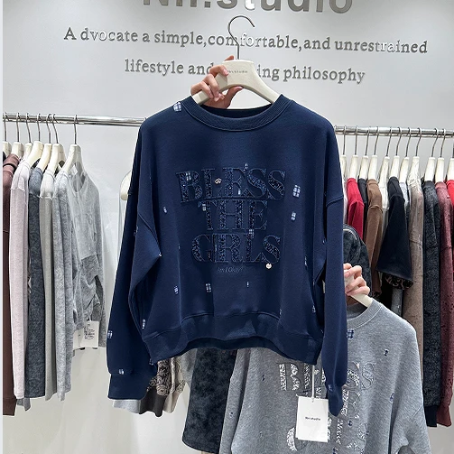 

Heavyweight Design Glitter Letter Loose Versatile Sweatirt Autumn New Sle plus Size Faion Casual Thin Top