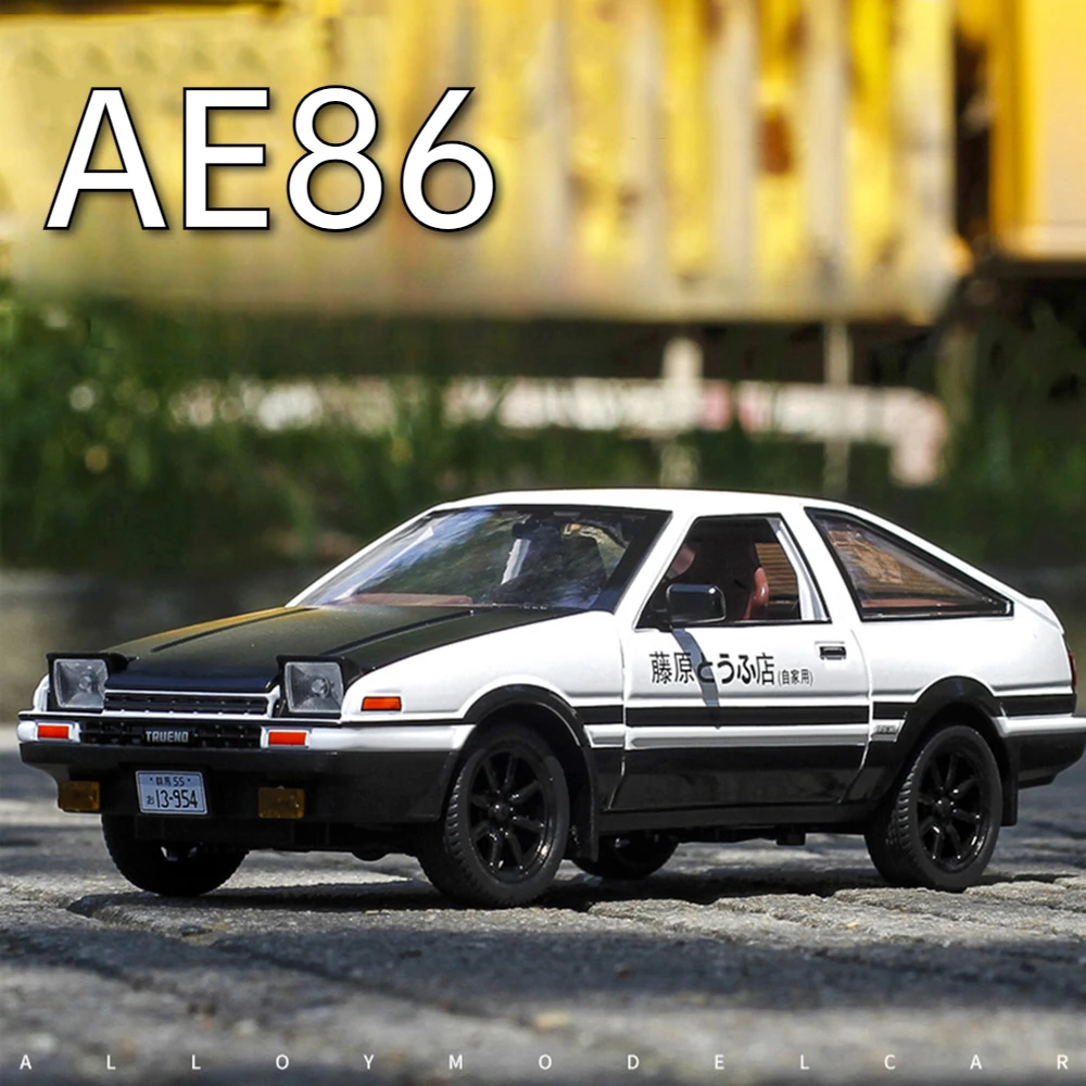 1:24 AE86 Model Toys Diecast Alloy Car 4 Doors Opened with Sound Light Pull Back Front Wheel Steering Miniature Vehices Boy Gift