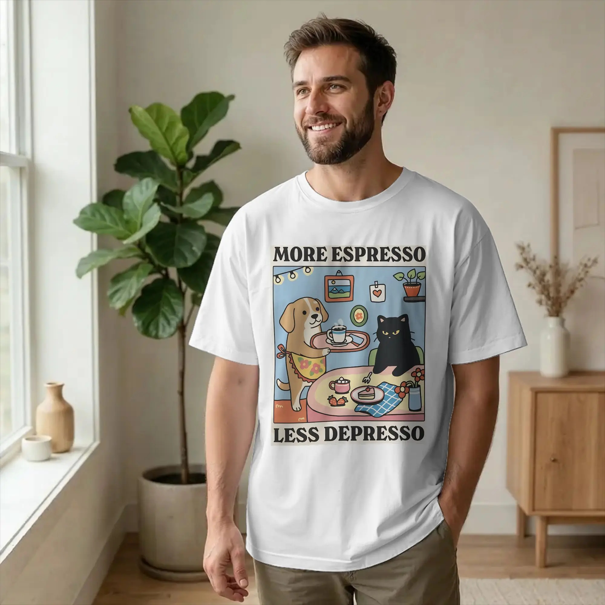 More Espresso Less Depresso T-Shirt Men Cotton Top Tee Kawaii Coffee Illustration with Dog Serving Cat  O-neck Short Sleeve