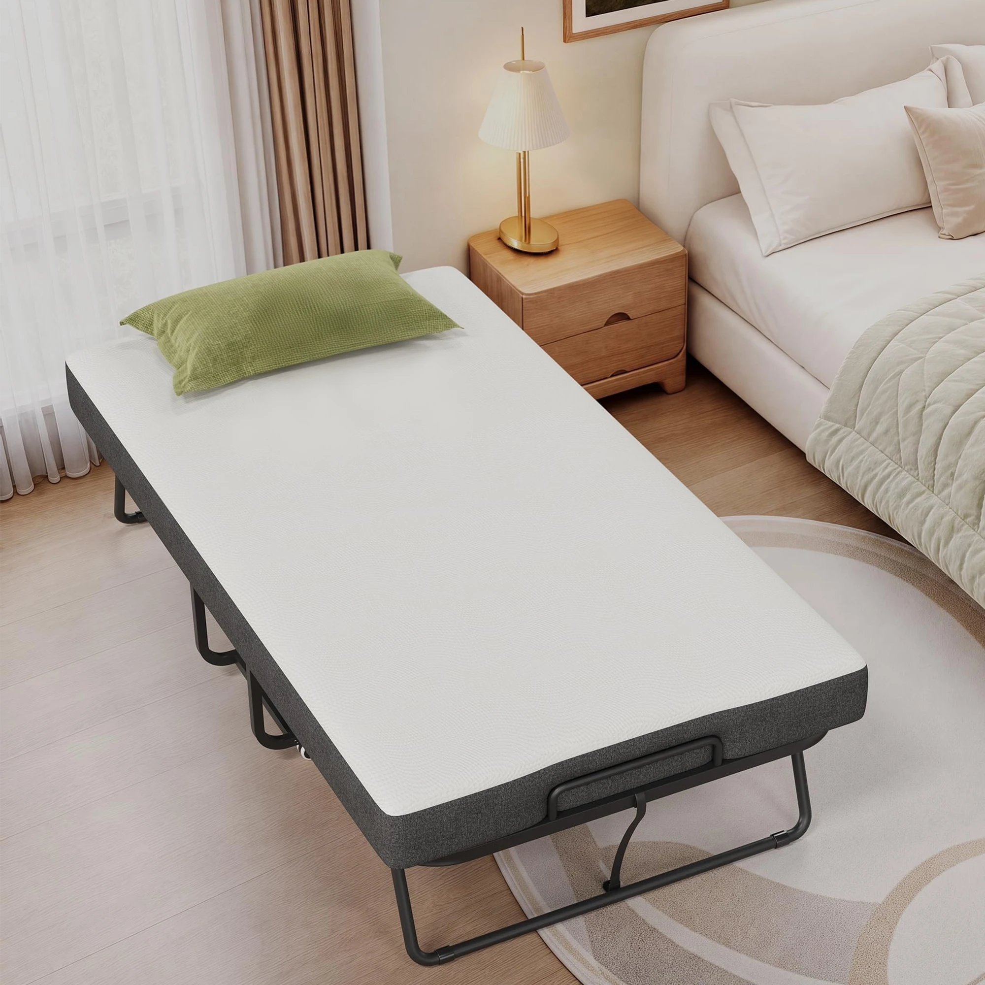 Folding Rollaway Bed 75 x 31/38/45 In With 5 Inch Memory Foam Mattress, Locking Wheels, Side Pocket, Portable Guest Bed For Home view 2
