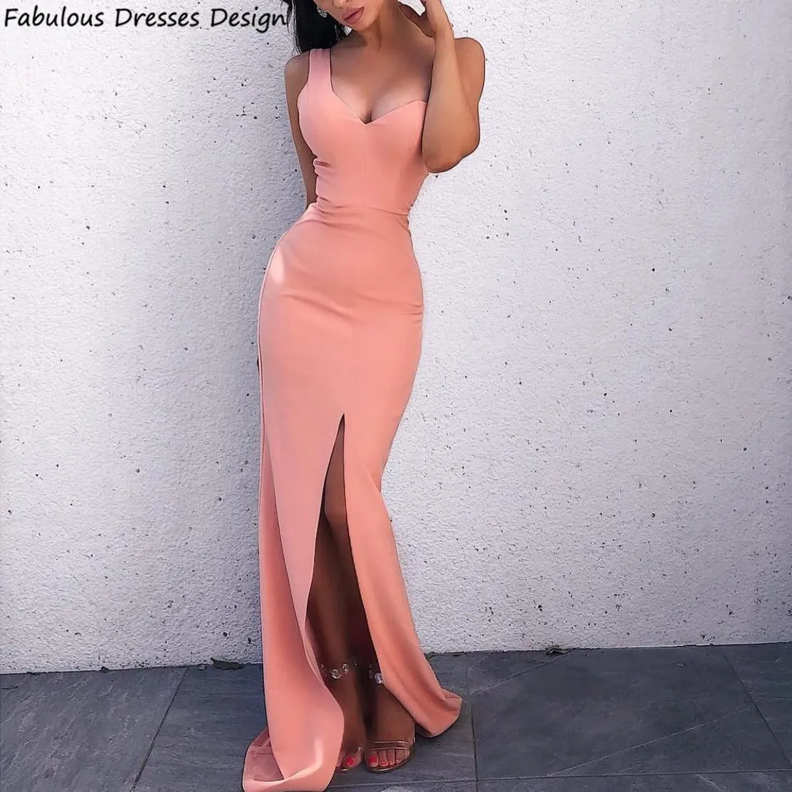 

Dusty Pink Long Mermaid Bridesmaid Dresses Sexy Slit Backless One Shoulder V-neck Wedding Guest Dress For Women Prom Party Gown