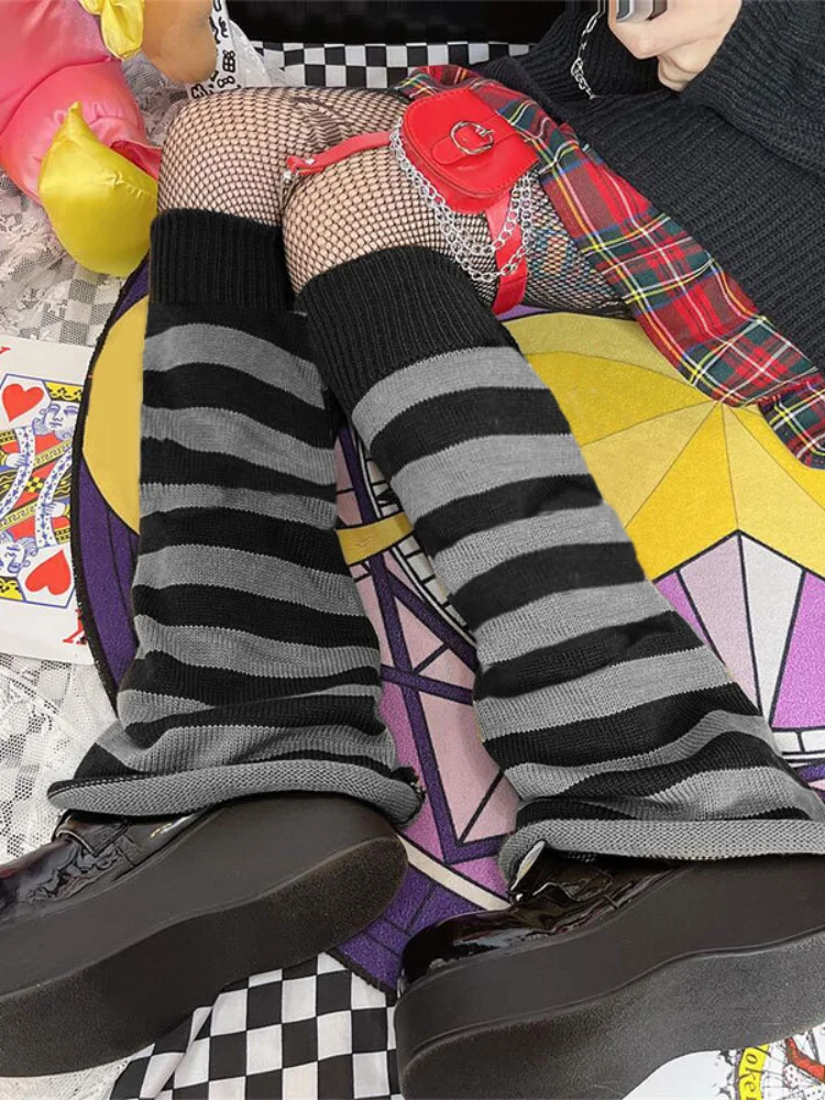 E-girl Kawaii Leg Warmers Knitted Sock Harajuku Gothic Mall Vintage Striped Knee-length Long s Women Y2k Emo Alt Flare 