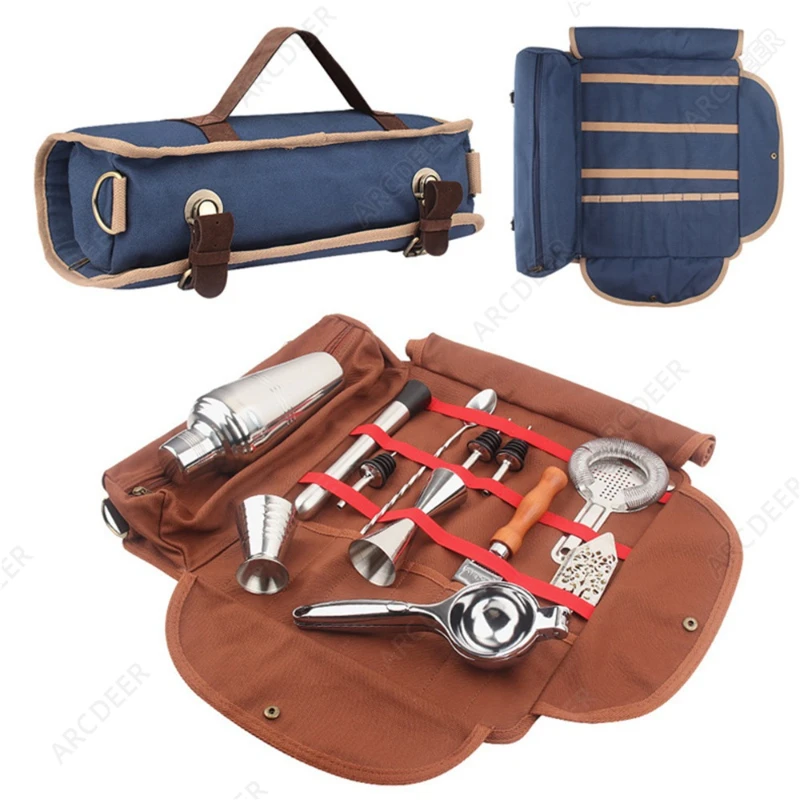 Cocktail Tool Storage Bag Equipped with Shoulder Strap Empty Bag Bar Tool Bags Bartenders Roll Up Kit Bag for Home, Work, Party