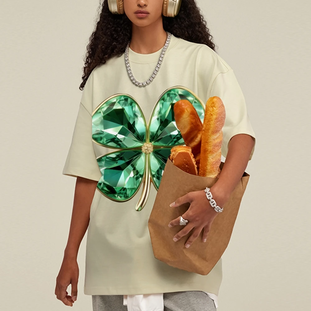 Y2k Graphic T-Shirt Jeweled Clover Print Lucky Sparkling and Eye-Catching Soft Cotton Fabric for Fortune-Themed Casual Looks