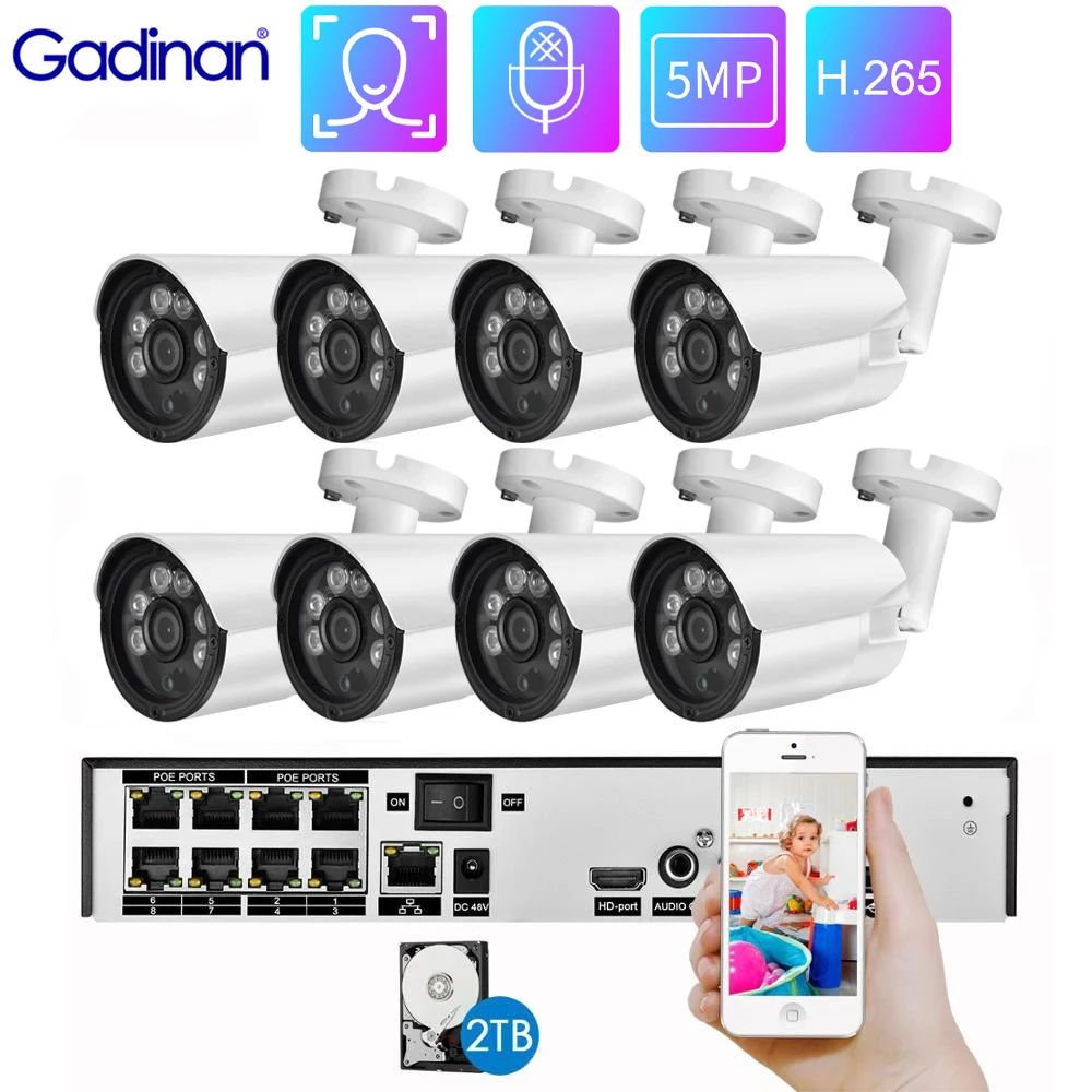 

Gadinan 8CH 5MP H.265+ POE NVR Security Camera System Face Record NVR Outdoor IP Camera Audio Record Home Video Surveillance Kit