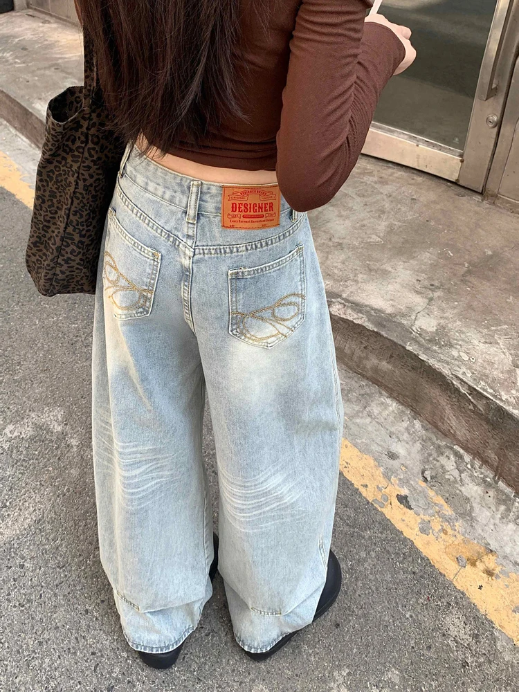 

Джинсы женские широкие в пол, в американском уличном ретро-стиле, с вышивкой, премиум-класса, свободного кроя