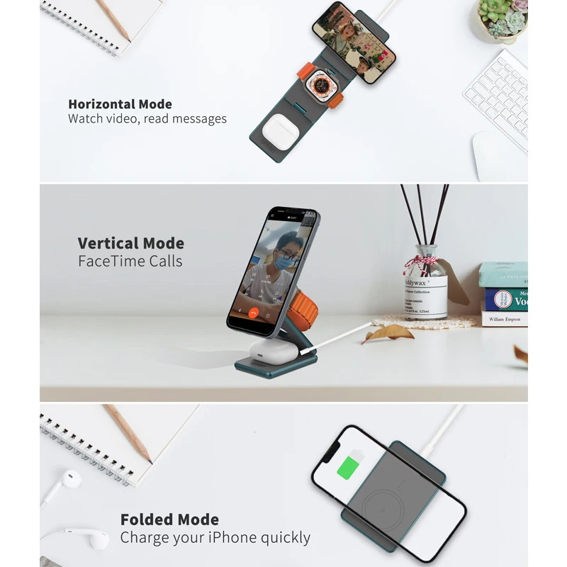 Wireless Charge Converter Multi-function Power Adapter Fast Charging Dock Station 3 in 1 Wireless charging bracket foldable