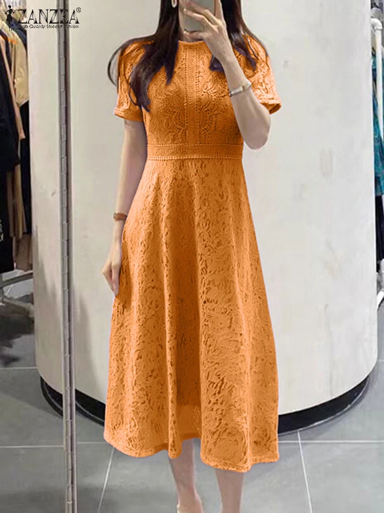

ZANZEA элегантное модное кружевное платье женское летнее длинное платье Vestidos 2025 с коротким рукавом и талией повседневный вечерний сарафан офисный женский халат