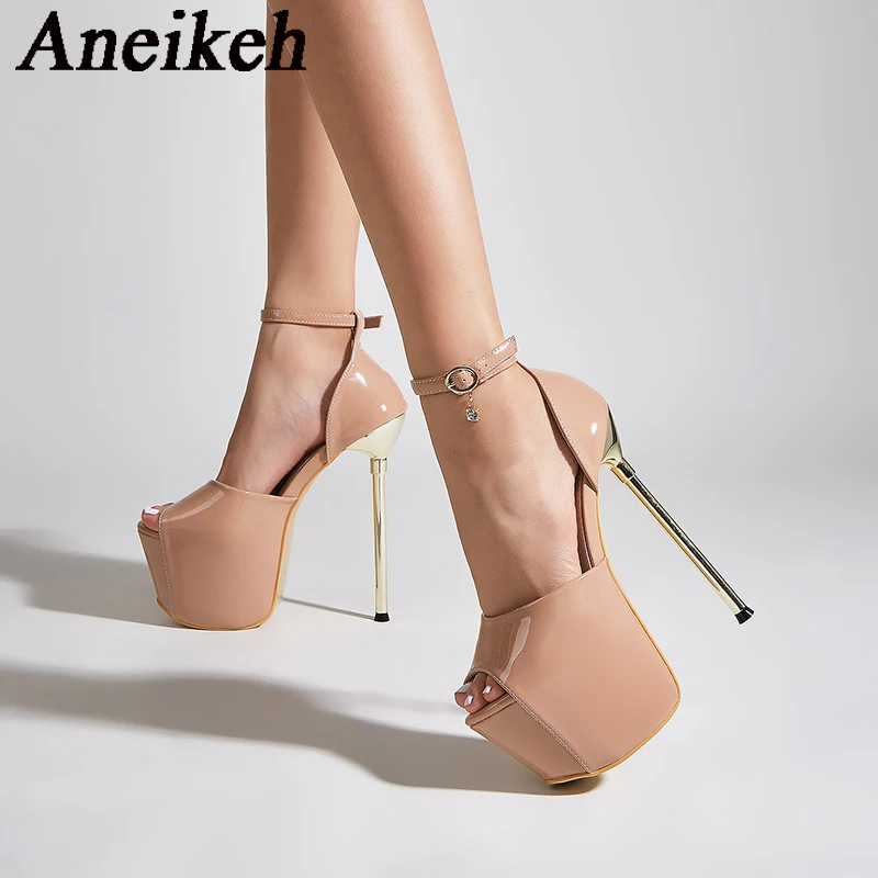 Aneikeh Women\'s Platform Open Toe Super High Heels 2024 Sexy Lacquer Leather Thin Heel Metal Pendant Sandals Strip Pole Dance