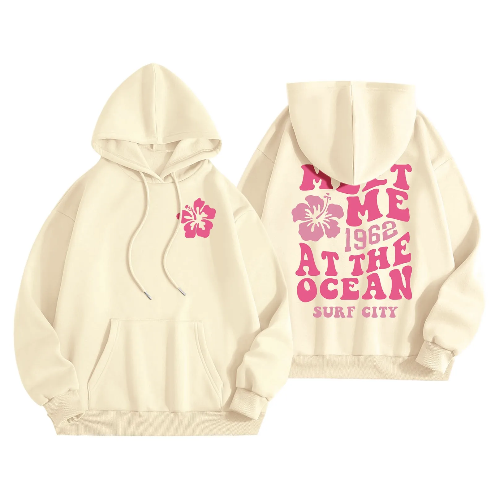 Hoodie Womens Letters Back Sweatshirts Long Sleeve Loose Trendy Pink Palm Puff Hooded Sweatshirt Aesthetic Tops Streetwear