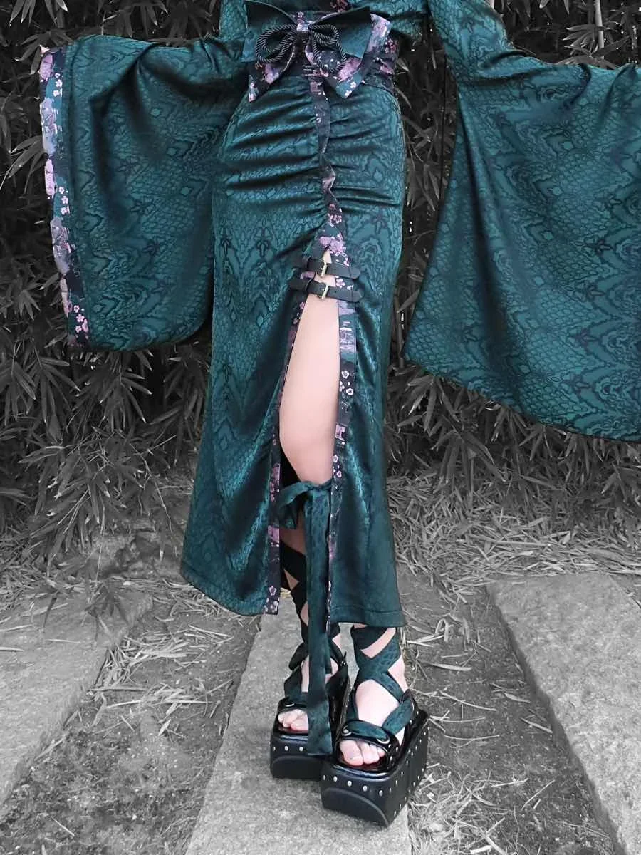 Blood Supply Original Design Sexy Snake Pattern Dark Green Skirt Sheath Straight Long High Slit Bow Tie Skirts Gothic Punk Skirt