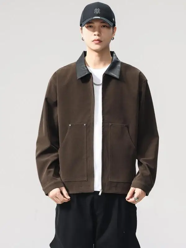 Свободная повседневная куртка из искусственной кожи контрастного цвета, рабочая одежда с лацканами, осеннее новое мужское пальто на молнии