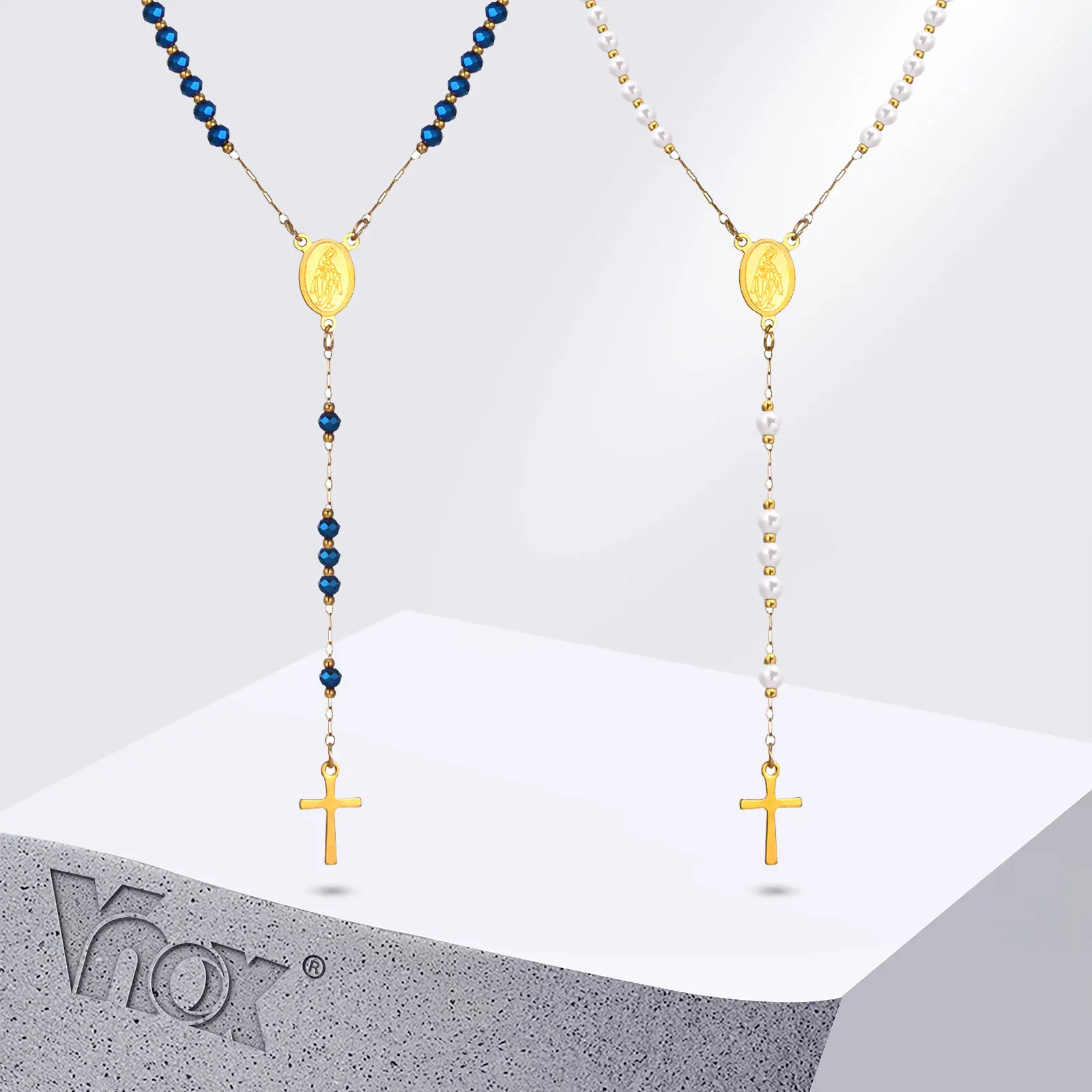 Vnox Religious Blue Beaded Blessed Mother Virgin Mary Rosary Simulated Pearl Beads Crucifix Cross Necklace for Women