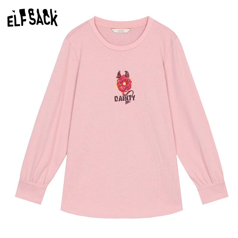 2024 Autumn ELFSACK New Arrivals Butterfly pink pleated slim fit sweet temperament design flocked T-shirt for women