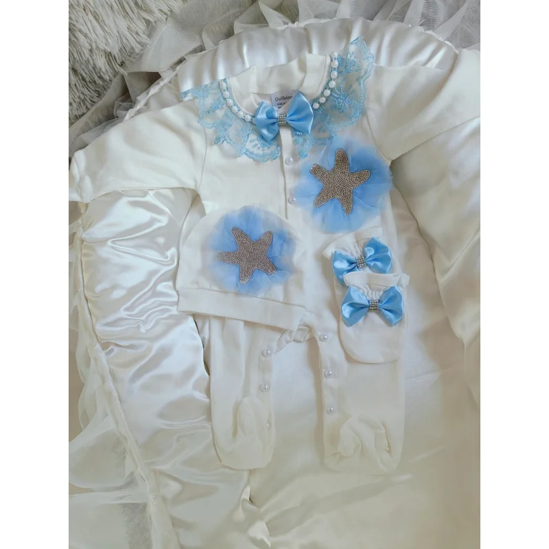 Newborn set - Soft cotton jumpsuit paired with matching hat and gloves | Starfish、Lace and bow decoration | Breathable baby set，