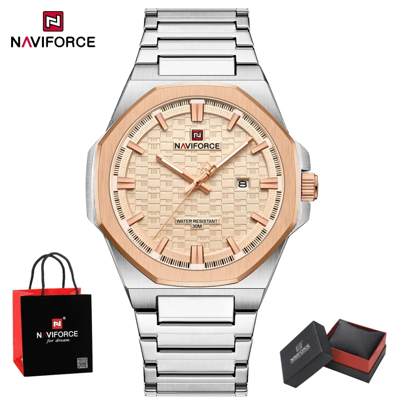 

Новый стиль NAVIFORCE, мужские часы со стальным ремешком, водонепроницаемые часы с календарем, повседневные спортивные часы, мужские кварцевые наручные часы, посылка, подарок