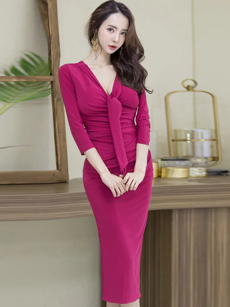 High Waist Sheath Dress Spring Autumn Temperamental Party Solid V-Neck Tie 3/4 Sleeve Stretch Slim Fit Elegant Office Lady Dress