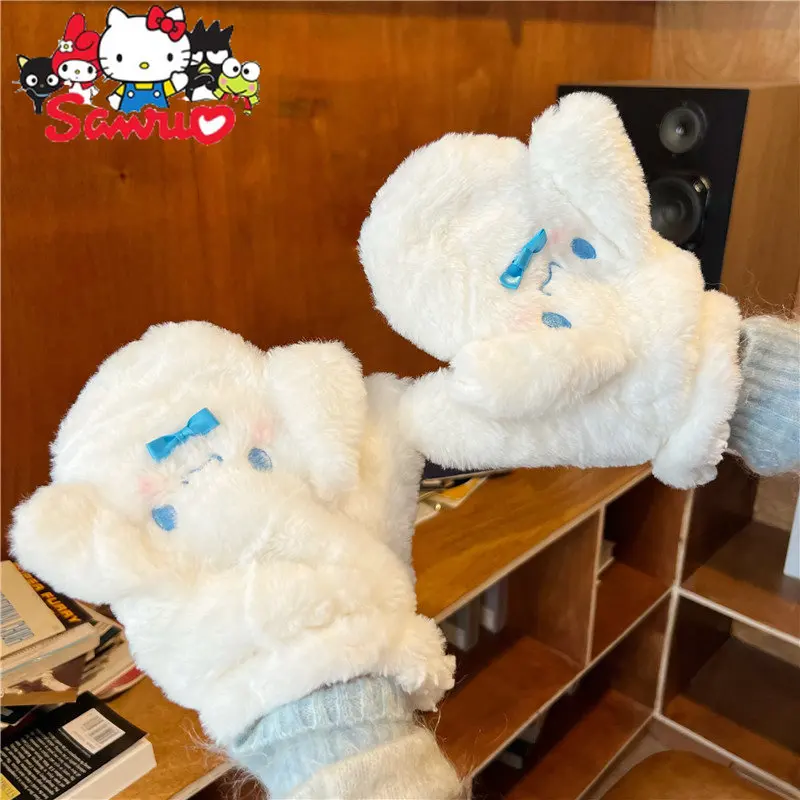 Sanrio – gants en peluche pour filles, mignons, à grandes oreilles, pour chiens, cyclisme, hiver, froid, épais, pour étudiants, chauds, cadeaux pour filles