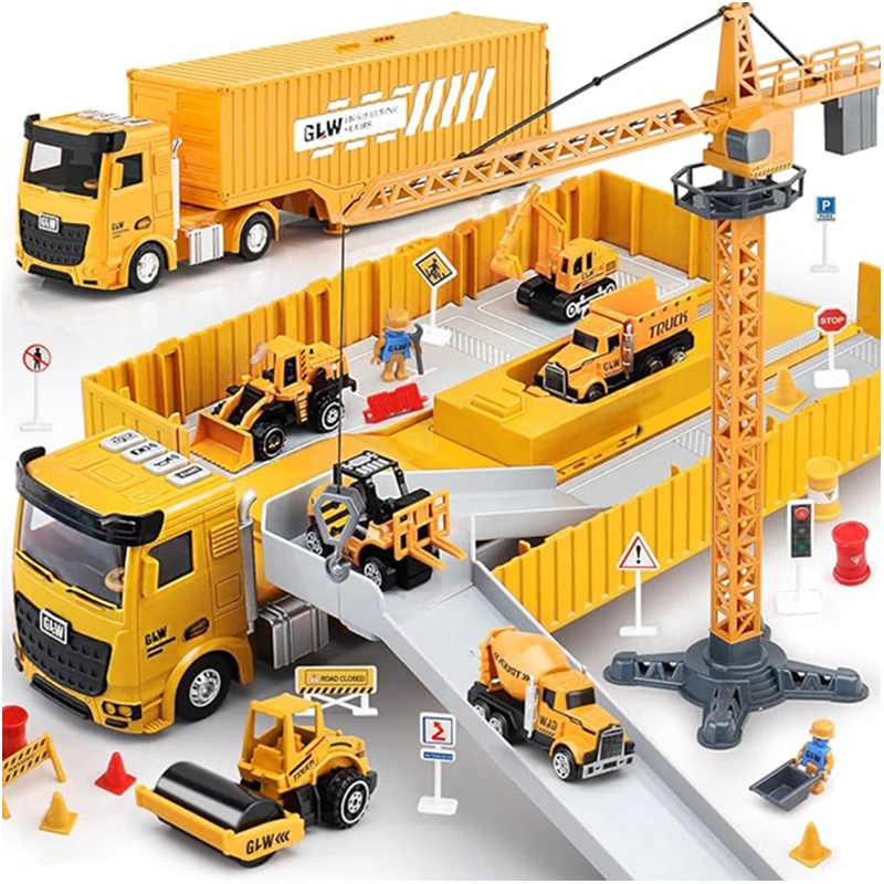 

60 шт./компл., инженерный грузовик со светом и звуком, литая под давлением модель строительного экскаватора, игрушки из сплава для детей, подарки для мальчиков