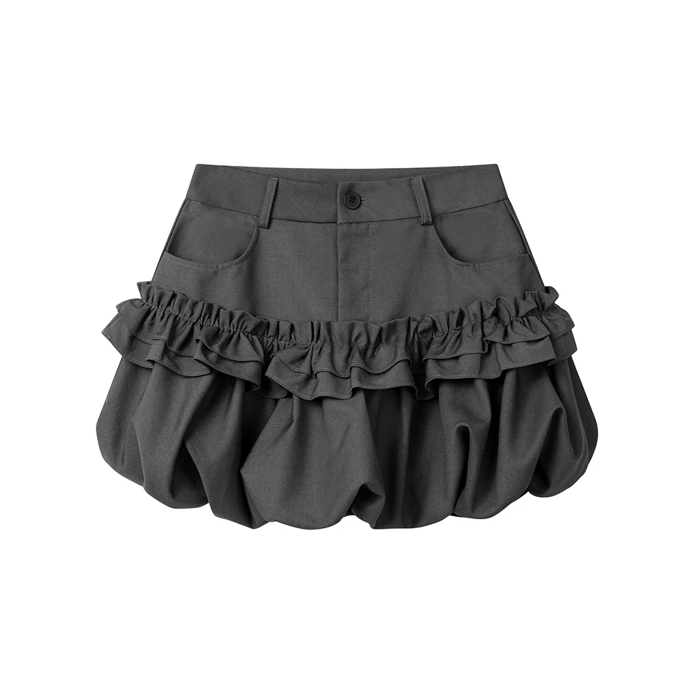 달콤하고 매콤한 레트로 블룸 스커트 퍼프 하프 길이 한국 스타일 하이 웨이스트 스플 라이스 레이스 봄 여름 여성 패션 스커트