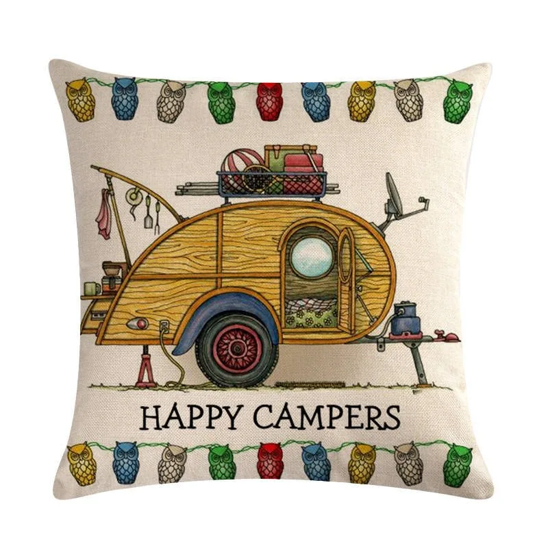 Happy Campers Cushion Cover 2D Peach Skin Pillow Case Retro RV Travel Trailer Decorative Throw Pillows Outdoor Sofa Home Decor