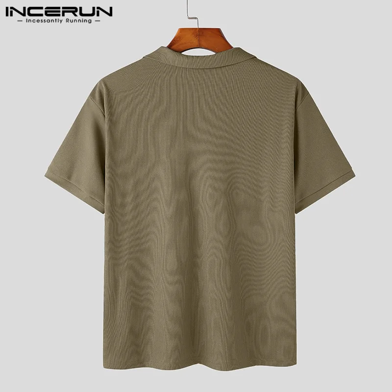 INCERUN Tops 2024 Korean Style Men\'s Solid Knitted Design Shirts Casual Street All-match Comfortable Short Sleeved Blouse S-5XL