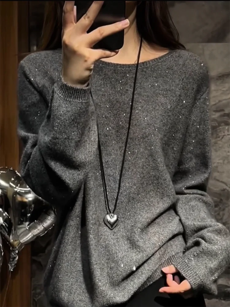 

Korean Sle round Ne Knitted Sweater iny Sequins Slimming Top Women's Faionable plus Size Autumn Winter New Arrival