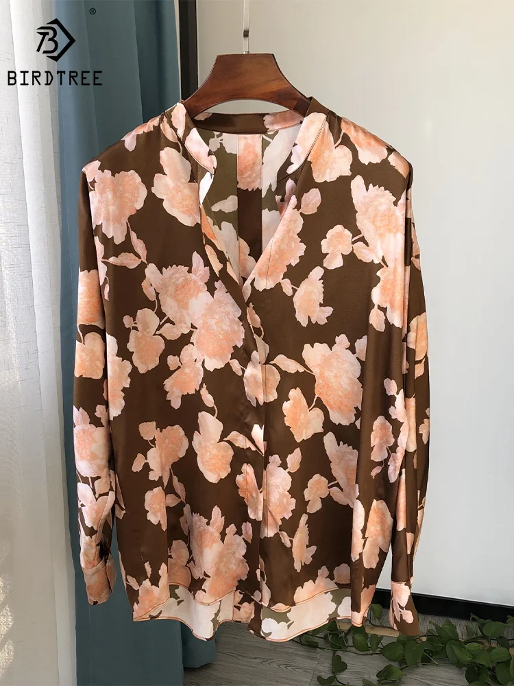 

Birdtree Real Silk 2023 New Light Luxury Shirts Women's Floral Print Satin Long Sleeve Commuting Blouses Autumn Winter T39215QM