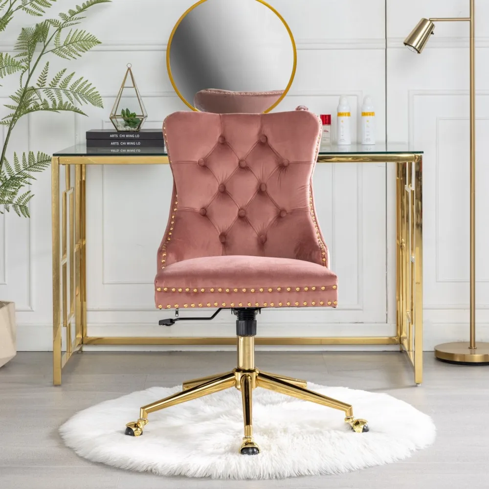 Office Chair,Velvet Upholstered Tufted Button Home Office Chair Golden Metal Base,Adjustable Desk Chair Swivel Office Chair Gray