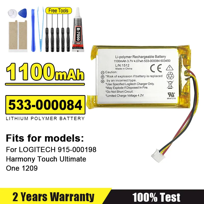 Batería potente de 1100mAh para LOGITECH 915-000198 Harmony Touch Ultimate One 1209 533-000083 533-000084 Batería + herramientas