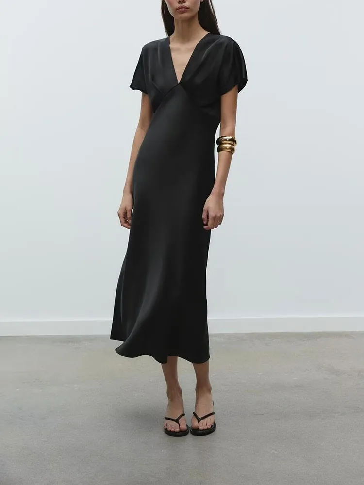 春の新作 レディース ワンピース エレガント シルクサテン 半袖 Vネック ミディアム丈 Aライン ガウン ハイウエスト ロングスカート ワンピース