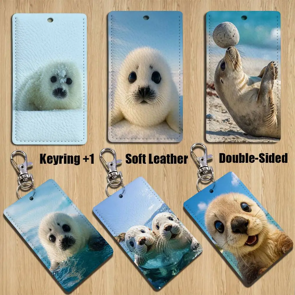 

A-Animal S-Seal cold Cute Rectangle ID Card Case Keychain Access Card Bag Key Tag Ring Leather Card Holder Key Ring Access