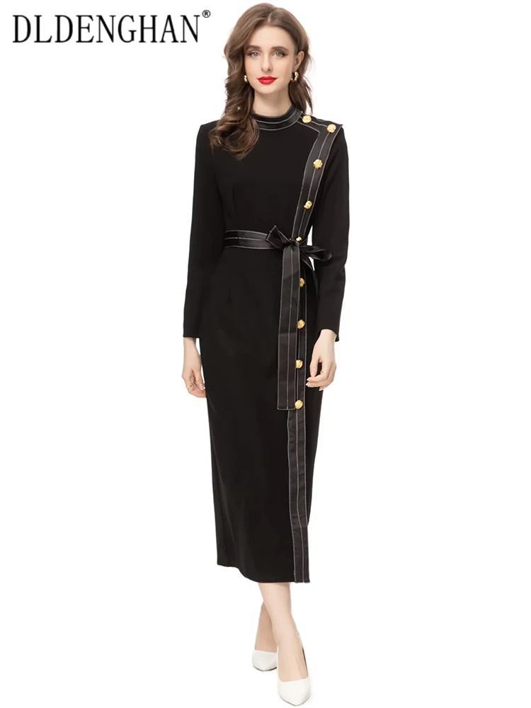 

DLDENGHAN Spring Pencil Dress Women Stand Collar Long Sleeve Metal Button Lace-up Office Lady Dresses Fashion Designer New