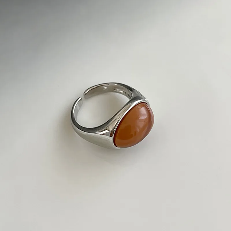 Fashion Vintage Brown Opal Stone Rings for Women Girls Silver Color Irregular Round Opening Ring Aesthetic Jewelry Gift 2024 New