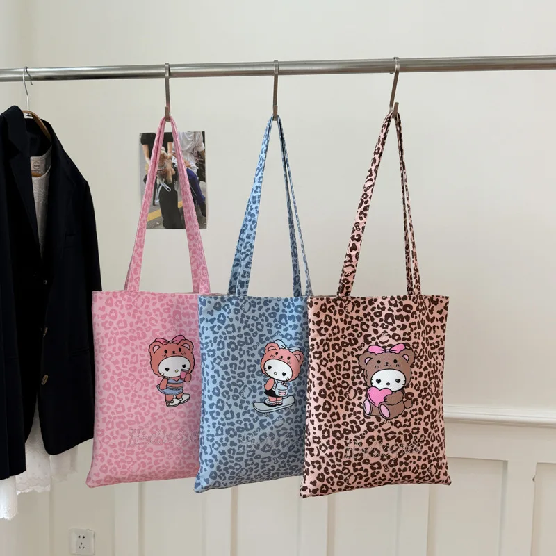 

Sanrio Hello Kitty Black Skin Series Cute Cartoon Leopard Print Large Capacity Cloth Bag Shoulder Bag Shopping Bag Gift for Girl