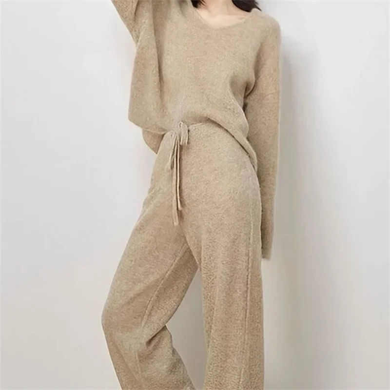 Fall New Comfortable Knitted Two Piece Sets for Women Chic Oat Color Sweater & Wide Leg Pants Suits Lazy Style 2 Pieces Knitwear