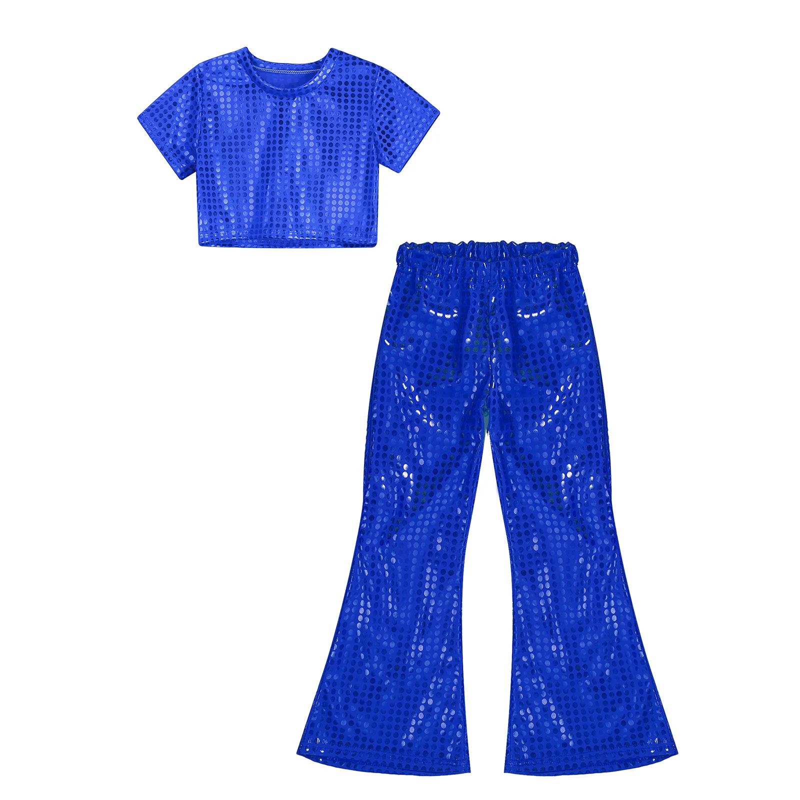 キッズガールズシャイニーメタリックジャズヒップホップダンス衣装スポーツ衣装半袖クロップトップシャツとフレアパンツストリート